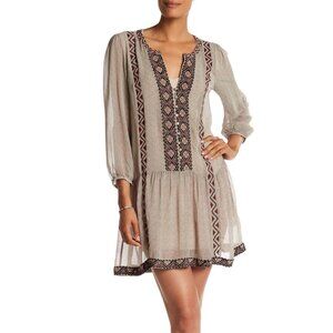 Joie Embroidered Boho Mini Dress – Beige & Black Festival Peasant Style, Size S